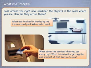 What is a Process?
 Click to edit Master title style
Look around you right now. Consider the objects in the room where
you are. How did they arrive there?

      What was involved in producing the
      items around you? Who made them?




                              What about the services that you use
                              every day? What is involved in getting the
                              end product of that service to you?
 