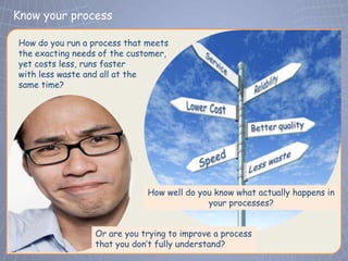 Know your process
 Click to edit Master title style
How do you run a process that meets
the exacting needs of the customer,
yet costs less, runs faster
with less waste and all at the
same time?




                              How well do you know what actually happens in
                                            your processes?


                 Or are you trying to improve a process
                 that you don’t fully understand?
 