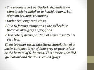 • The process is not particularly dependent on
climate (high rainfall as in humid regions) but
often on drainage conditions.
• Under reducing conditions,
Due to ferrous compounds, the soil colour
becomes blue-grey or grey, and
The rate of decomposition of organic matter is
very low.
These together result into the accumulation of a
sticky, compact layer of blue-grey or grey colour
at the bottom of B- horizon. This process is called
‘gleization’ and the soil is called ‘glays’.
 
