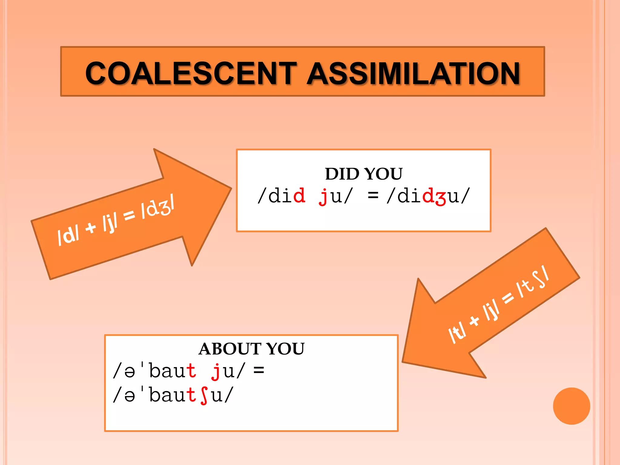 COALESCENT ASSIMILATION
DID YOU

/did ju/ = /didZu/

ABOUT YOU

/baut ju/ =
/bautSu/

 