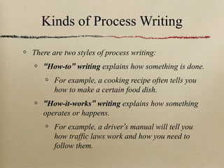 Kinds of Process Writing There are two styles of process writing: “ How-to ”  writing  explains how something is done. For example, a cooking recipe often tells you how to make a certain food dish. “ How-it-works ”  writing  explains how something operates or happens. For example, a driver ’ s manual will tell you how traffic laws work and how you need to follow them. 