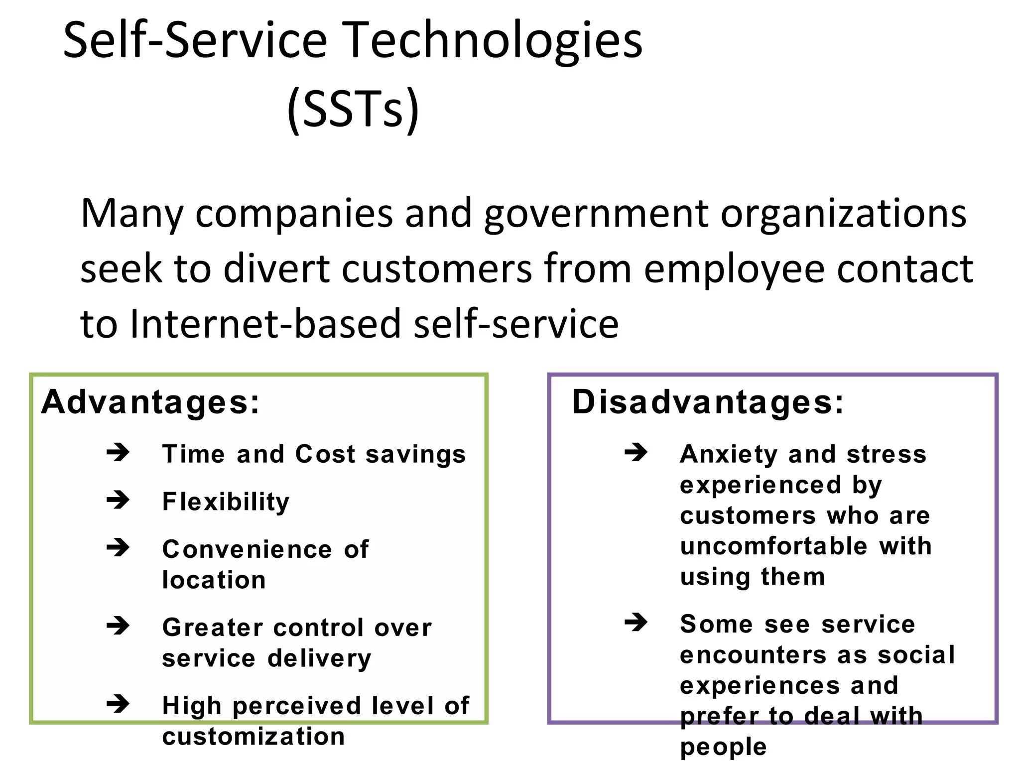 Self-Service Technologies (SSTs) Many companies and government organizations seek to divert customers from employee contact to Internet-based self-service Disadvantages: Anxiety and stress experienced by customers who are uncomfortable with using them Some see service encounters as social experiences and prefer to deal with people Advantages: Time and Cost savings Flexibility Convenience of location Greater control over service delivery High perceived level of customization  