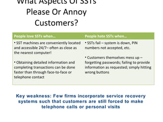 What Aspects Of SSTs Please Or Annoy Customers? Key weakness: Few firms incorporate service recovery systems such that customers are still forced to make telephone calls or personal visits People love SSTs when… People hate SSTs when… SST machines are conveniently located and accessible 24/7 –  often as close as the nearest computer! Obtaining detailed information and completing transactions can be done faster than through face-to-face or telephone contact  SSTs fail – system is down, PIN numbers not accepted, etc. Customers themselves mess up  –  forgetting passwords; failing to provide information as requested; simply hitting wrong buttons  