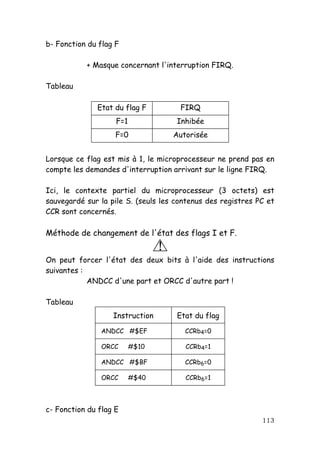 b- Fonction du flag F

           + Masque concernant l'interruption FIRQ.

Tableau

              Etat du flag F          FIRQ
                    F=1              Inhibée
                    F=0              Autorisée


Lorsque ce flag est mis à 1, le microprocesseur ne prend pas en
compte les demandes d'interruption arrivant sur le ligne FIRQ.

Ici, le contexte partiel du microprocesseur (3 octets) est
sauvegardé sur la pile S. (seuls les contenus des registres PC et
CCR sont concernés.

Méthode de changement de l'état des flags I et F.
                                 !
On peut forcer l'état des deux bits à l'aide des instructions
suivantes :
            ANDCC d'une part et ORCC d'autre part !

Tableau
                   Instruction       Etat du flag

                ANDCC #$EF              CCRb4=0

                ORCC      #$10          CCRb4=1

                ANDCC #$BF              CCRb6=0

                ORCC      #$40          CCRb6=1



c- Fonction du flag E
                                                             113
 
