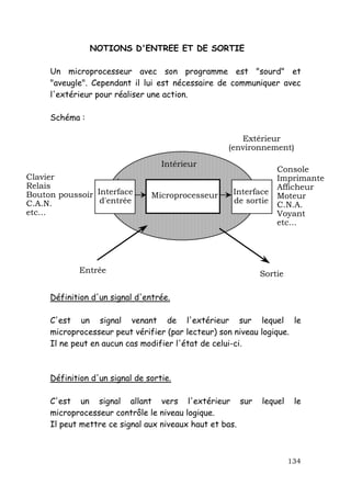 NOTIONS D'ENTREE ET DE SORTIE

     Un microprocesseur avec son programme est "sourd" et
     "aveugle". Cependant il lui est nécessaire de communiquer avec
     l'extérieur pour réaliser une action.

     Schéma :

                                                     Extérieur
                                                  (environnement)

                                   Intérieur
                                                               Console
Clavier                                                        Imprimante
Relais                                                         Afficheur
Bouton poussoir Interface       Microprocesseur    Interface
                                                               Moteur
C.A.N.           d'entrée                          de sortie
                                                               C.N.A.
etc...                                                         Voyant
                                                               etc...




            Entrée                                       Sortie

     Définition d'un signal d'entrée.

     C'est un signal venant de l'extérieur sur lequel le
     microprocesseur peut vérifier (par lecteur) son niveau logique.
     Il ne peut en aucun cas modifier l'état de celui-ci.



     Définition d'un signal de sortie.

     C'est un signal allant vers l'extérieur sur          lequel    le
     microprocesseur contrôle le niveau logique.
     Il peut mettre ce signal aux niveaux haut et bas.



                                                                   134
 