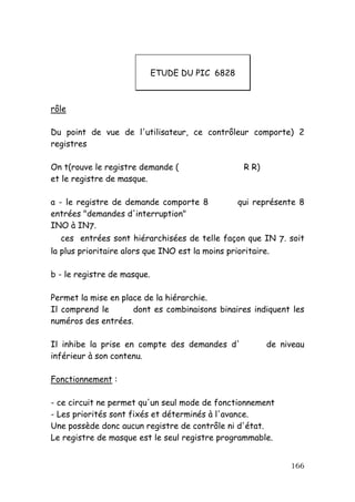ETUDE DU PIC 6828



rôle

Du point de vue de l'utilisateur, ce contrôleur comporte) 2
registres

On t(rouve le registre demande (                  R R)
et le registre de masque.

a - le registre de demande comporte 8            qui représente 8
entrées "demandes d'interruption"
INO à IN7.
   ces entrées sont hiérarchisées de telle façon que IN 7. soit
la plus prioritaire alors que INO est la moins prioritaire.

b - le registre de masque.

Permet la mise en place de la hiérarchie.
Il comprend le       dont es combinaisons binaires indiquent les
numéros des entrées.

Il inhibe la prise en compte des demandes d'             de niveau
inférieur à son contenu.

Fonctionnement :

- ce circuit ne permet qu'un seul mode de fonctionnement
- Les priorités sont fixés et déterminés à l'avance.
Une possède donc aucun registre de contrôle ni d'état.
Le registre de masque est le seul registre programmable.


                                                              166
 