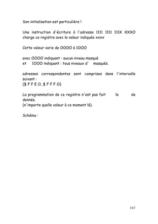 Son initialisation est particulière !

Une instruction d'écriture à l'adresse 1111 1111 111X XXXO
charge ce registre avec la valeur indiquée xxxx

Cette valeur varie de OOOO à 1OOO

avec OOOO indiquant : aucun niveau masqué
et   1OOO indiquant : tous niveaux d' masqués.

adresses correspondantes sont comprises dans l'intervalle
suivant :
($ F F E O, $ F F F O)

La programmation de ce registre n'est pas fait   le    de
donnée.
(n'importe quelle valeur à ce moment là).

Schéma :




                                                      167
 