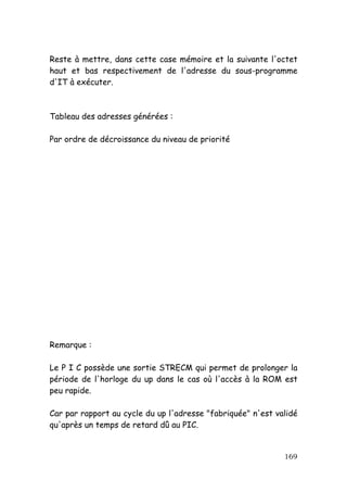 Reste à mettre, dans cette case mémoire et la suivante l'octet
haut et bas respectivement de l'adresse du sous-programme
d'IT à exécuter.



Tableau des adresses générées :

Par ordre de décroissance du niveau de priorité




Remarque :

Le P I C possède une sortie STRECM qui permet de prolonger la
période de l'horloge du up dans le cas où l'accès à la ROM est
peu rapide.

Car par rapport au cycle du up l'adresse "fabriquée" n'est validé
qu'après un temps de retard dû au PIC.


                                                             169
 