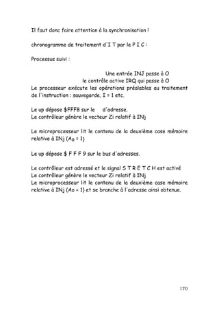 Il faut donc faire attention à la synchronisation !

chronogramme de traitement d'I T par le P I C :

Processus suivi :

                                 Une entrée INJ passe à O
                       le contrôle active IRQ qui passe à O
Le processeur exécute les opérations préalables au traitement
de l'instruction : sauvegarde, I = 1 etc.

Le up dépose $FFF8 sur le    d'adresse.
Le contrôleur génère le vecteur Zi relatif à INj

Le microprocesseur lit le contenu de la deuxième case mémoire
relative à INj (Ao = 1)

Le up dépose $ F F F 9 sur le bus d'adresses.

Le contrôleur est adressé et le signal S T R E T C H est activé
Le contrôleur génère le vecteur Zi relatif à INj
Le microprocesseur lit le contenu de la deuxième case mémoire
relative à INj (Ao = 1) et se branche à l'adresse ainsi obtenue.




                                                            170
 