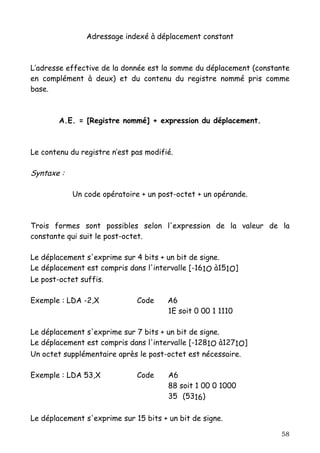 Adressage indexé à déplacement constant



L’adresse effective de la donnée est la somme du déplacement (constante
en complément à deux) et du contenu du registre nommé pris comme
base.



        A.E. = [Registre nommé] + expression du déplacement.



Le contenu du registre n’est pas modifié.

Syntaxe :

            Un code opératoire + un post-octet + un opérande.



Trois formes sont possibles selon l'expression de la valeur de la
constante qui suit le post-octet.

Le déplacement s'exprime sur 4 bits + un bit de signe.
Le déplacement est compris dans l'intervalle [-161O à151O]
Le post-octet suffis.

Exemple : LDA -2,X            Code     A6
                                       1E soit 0 00 1 1110

Le déplacement s'exprime sur 7 bits + un bit de signe.
Le déplacement est compris dans l'intervalle [-1281O à1271O]
Un octet supplémentaire après le post-octet est nécessaire.

Exemple : LDA 53,X            Code     A6
                                       88 soit 1 00 0 1000
                                       35 (5316)

Le déplacement s'exprime sur 15 bits + un bit de signe.

                                                                    58
 