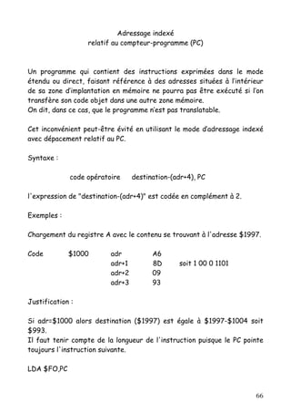 Adressage indexé
                  relatif au compteur-programme (PC)



Un programme qui contient des instructions exprimées dans le mode
étendu ou direct, faisant référence à des adresses situées à l‘intérieur
de sa zone d’implantation en mémoire ne pourra pas être exécuté si l’on
transfère son code objet dans une autre zone mémoire.
On dit, dans ce cas, que le programme n’est pas translatable.

Cet inconvénient peut-être évité en utilisant le mode d’adressage indexé
avec dépacement relatif au PC.

Syntaxe :

             code opératoire     destination-(adr+4), PC

l'expression de "destination-(adr+4)" est codée en complément à 2.

Exemples :

Chargement du registre A avec le contenu se trouvant à l'adresse $1997.

Code         $1000       adr           A6
                         adr+1         8D      soit 1 00 0 1101
                         adr+2         09
                         adr+3         93

Justification :

Si adr=$1000 alors destination ($1997) est égale à $1997-$1004 soit
$993.
Il faut tenir compte de la longueur de l'instruction puisque le PC pointe
toujours l'instruction suivante.

LDA $FO,PC


                                                                      66
 