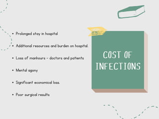 COST OF
INFECTIONS
Prolonged stay in hospital
Additional resources and burden on hospital.
Loss of manhours - doctors and patients
Mental agony
Significant economical loss.
Poor surgical results
 