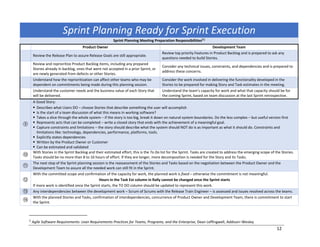 12
Sprint Planning Ready for Sprint Execution
Sprint Planning Meeting Preparation Responsibilities[1]
Product Owner Development Team
Review the Release Plan to assure Release Goals are still appropriate.
Review top priority Features in Product Backlog and is prepared to ask any
questions needed to build Stories.
Review and reprioritize Product Backlog items, including any prepared
Stories already in backlog, ones that were not accepted in a prior Sprint, or
are newly generated from defects or other Stories.
Consider any technical issues, constraints, and dependencies and is prepared to
address these concerns.
Understand how the reprioritization can affect other teams who may be
dependent on commitments being made during this planning session.
Consider the work involved in delivering the functionality developed in the
Stories to be prepared for making Story and Task estimates in the meeting.
Understand the customer needs and the business value of each Story that
will be delivered.
Understand the team’s capacity for work and what that capacity should be for
the coming Sprint, based on team discussion at the last Sprint retrospective.
⑨
A Good Story:
§ Describes what Users DO ‒ choose Stories that describe something the user will accomplish
§ Is the start of a team discussion of what this means in working software?
§ Takes a slice through the whole system ‒ if the story is too big, break it down on natural system boundaries. Do the less complex ‒ but useful version first
§ Represents acts that can be completed ‒ write a closed story that ends with the achievement of a meaningful goal.
§ Capture constraints and limitations ‒ the story should describe what the system should NOT do is as important as what it should do. Constraints and
limitations like: technology, dependencies, performance, platforms, tools.
§ Explicitly states dependencies
§ Written by the Product Owner or Customer
§ Can be estimated and validated
⑩
With Stories in the Sprint Backlog and their estimated effort, this is the To Do list for the Sprint. Tasks are created to address the emerging scope of the Stories.
Tasks should be no more than 8 to 16 hours of effort. If they are longer, more decomposition is needed for the Story and its Tasks.
⑪
The next step of the Sprint planning session is the reassessment of the Stories and Tasks based on the negotiation between the Product Owner and the
Development Team to assure all the needed work can still fit in the Sprint.
⑫
With the committed scope and confirmation of the capacity for work, the planned work is fixed – otherwise the commitment is not meaningful.
Hours in the Task Est column in Rally cannot be changed once the Sprint starts
If more work is identified once the Sprint starts, the TO DO column should be updated to represent this work.
⑬ Any interdependencies between the development work ‒ Scrum of Scrums with the Release Train Engineer ‒ is assessed and issues resolved across the teams.
⑭
With the planned Stories and Tasks, confirmation of interdependencies, concurrence of Product Owner and Development Team, there is commitment to start
the Sprint.
1
Agile Software Requirements: Lean Requirements Practices for Teams, Programs, and the Enterprise, Dean Leffingwell, Addison‒Wesley
 