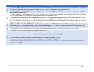 16
Sprint Execution
⑮
The execution of the Sprint begins with the Sprint Backlog containing estimates for Stories and the supporting Tasks that were committed during Sprint Planning.
Once the Sprint begins, the Task Est column in Rally is locked, as this is the effort the Development Team has committed to.
Total Forecasted Effort includes the original Story estimate, generated from Sprint Planning, plus any added Stories and effort that was accepted during the
Sprint with proper Change Control.
⑯
If new work (in scope) is discovered within the Sprint, a Story may be added to the Sprint Backlog after going through the appropriate Change Control process.
The TO DO column in Rally must be updated to show the work required to deliver the added Story.
If an existing Story will take more effort than initially planned to complete, the TO DO column will be updated to show the hours needed to deliver the Story.
The Total Forecasted Effort for the Sprint is the Original Planned effort (Task Est) + TO DO effort for all Stories in the Sprint ‒ original or added.
Note: if any additional work is brought into the Sprint, the Development Team must again provide consensus that they are able to take on the work and are still
able to deliver all other commitments within the period of the Sprint.
⑰
Update status of the Tasks and the TO DO column as work progresses. At any time, the TO DO column should reflect the remaining hours for the Task.
When all the Tasks for a Story have been marked COMPLETE, the Story is marked ACCEPTED, according to the Definition of Done (DoD), in Rally. The TO DO
column should then be Zero, reflecting no remaining work for the Tasks and the Story.
⑱ For added Stories and Tasks, record new Task Est following Change Control process and update the TO DO column to reflect the new work effort.
⑲
Calculate Physical Percent Complete for the Feature in the Sprint based on:
Physical Percent Complete = (Task Est – TO DO) / Task Est
The Physical Percent Complete for Tasks and Stories in the Sprint for the Feature is available at any time.
This provides Physical Percent Complete measures on demand, any time the TO DO column is updated.
This enables the best practice of knowing current progress to plan for calculating Estimate to Complete and Estimate at Completion using Physical Percent
Complete at the Task level.
 