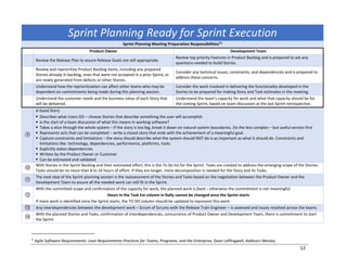 12
Sprint Planning Ready for Sprint Execution
Sprint Planning Meeting Preparation Responsibilities[1]
Product Owner Develo...