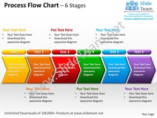 Process Flow Chart – 6 Stages


Your Text Here                              Put Text Here                       Your Text Here
•    Your Text Goes here               •      Your Text Goes here               •      Your Text Goes here
•    Download this                     •      Download this                     •      Download this
     awesome diagram                          awesome diagram                          awesome diagram


       Text 1              Text 2                 Text 3               Text 4                Text 5              Text 6


     Your Text here        Your Text here        Your Text here       Your Text here         Your Text here      Your Text here
     Download this         Download this         Download this        Download this          Download this       Download this
     awesome               awesome               awesome              awesome                awesome             awesome
     diagram               diagram               diagram              diagram                diagram             diagram




                      Your Text Here                              Put Text Here                           Your Text Here
                  •     Your Text Goes here                   •     Your Text Goes here                  •    Your Text Goes here
                  •     Download this                         •     Download this                        •    Download this
                        awesome diagram                             awesome diagram                           awesome diagram



                                                                                                                       Your Logo
 
