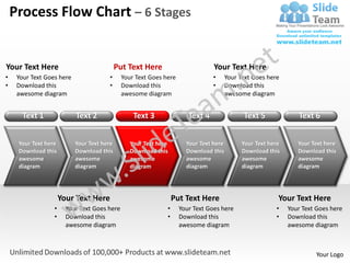 Process Flow Chart – 6 Stages


Your Text Here                              Put Text Here                       Your Text Here
•    Your Text Goes here               •      Your Text Goes here               •      Your Text Goes here
•    Download this                     •      Download this                     •      Download this
     awesome diagram                          awesome diagram                          awesome diagram


       Text 1              Text 2                 Text 3               Text 4                Text 5              Text 6


     Your Text here        Your Text here        Your Text here       Your Text here         Your Text here      Your Text here
     Download this         Download this         Download this        Download this          Download this       Download this
     awesome               awesome               awesome              awesome                awesome             awesome
     diagram               diagram               diagram              diagram                diagram             diagram




                      Your Text Here                              Put Text Here                           Your Text Here
                  •     Your Text Goes here                   •     Your Text Goes here                  •    Your Text Goes here
                  •     Download this                         •     Download this                        •    Download this
                        awesome diagram                             awesome diagram                           awesome diagram



                                                                                                                       Your Logo
 