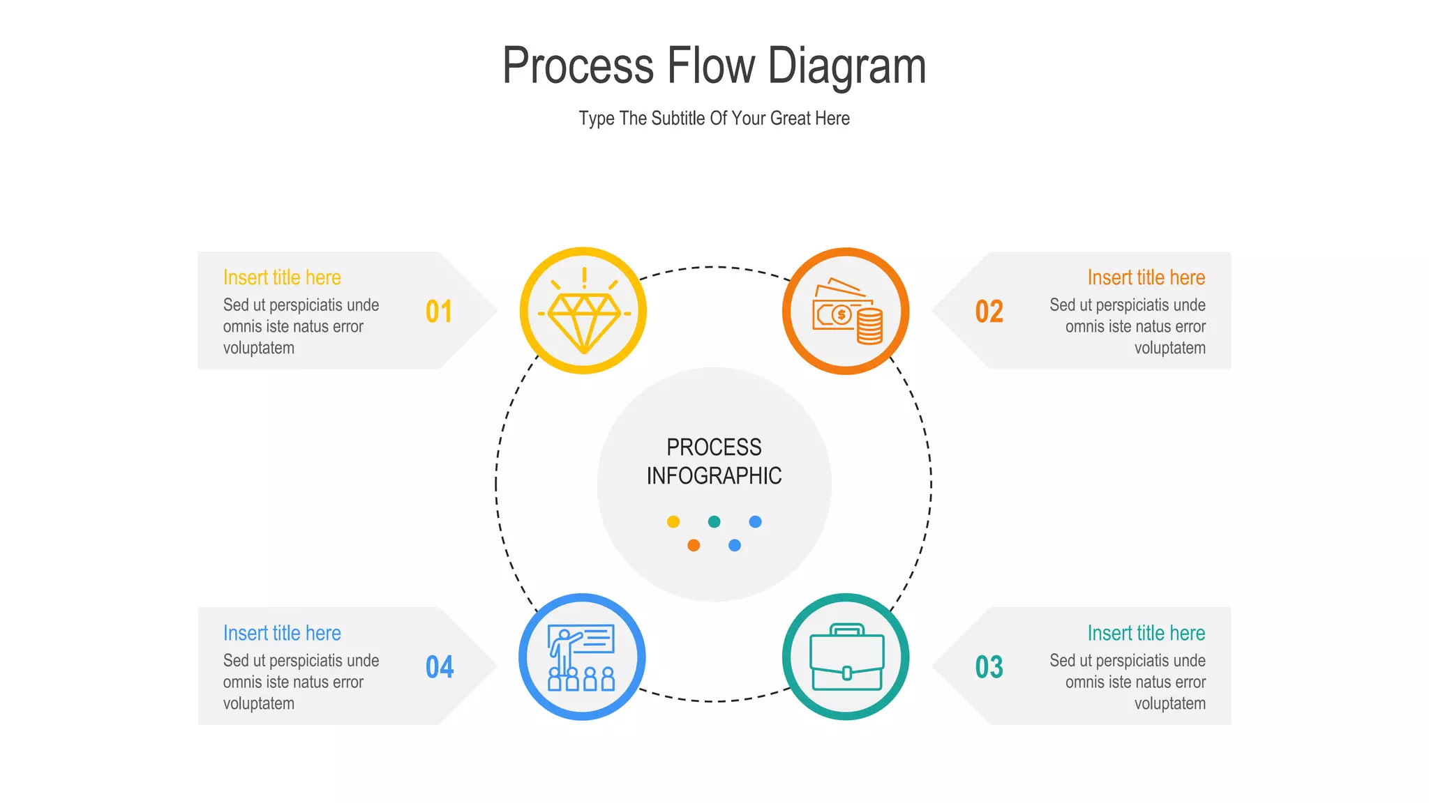 Type The Subtitle Of Your Great Here
Process Flow Diagram
PROCESS
INFOGRAPHIC
01
Sed ut perspiciatis unde
omnis iste natus error
voluptatem
Insert title here
04
Sed ut perspiciatis unde
omnis iste natus error
voluptatem
Insert title here
02 Sed ut perspiciatis unde
omnis iste natus error
voluptatem
Insert title here
03 Sed ut perspiciatis unde
omnis iste natus error
voluptatem
Insert title here
 