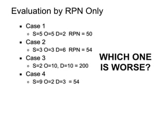 Evaluation by RPN Only
▪ Case 1
o S=5 O=5 D=2 RPN = 50
▪ Case 2
o S=3 O=3 D=6 RPN = 54
▪ Case 3
o S=2 O=10, D=10 = 200
▪ Case 4
o S=9 O=2 D=3 = 54
WHICH ONE
IS WORSE?
 