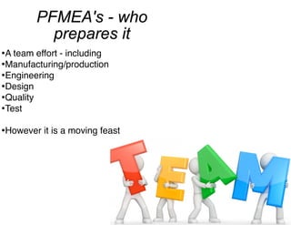 PFMEA's - who
prepares it
•A team effort - including!
•Manufacturing/production!
•Engineering!
•Design !
•Quality!
•Test!
!
•However it is a moving feast
 