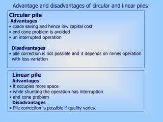 Advantage and disadvantages of circular and linear piles
Circular pile
Advantages
• space saving and hence low capital cost
• end cone problem is avoided
• un interrupted operation
Disadvantages
• pile correction is not possible and it depends on mines operation
with less variation
Linear pile
Advantages
• it occupies more space
• while shunting the operation has interruption
• end cone problem
Disadvantages
• Pile correction is possible if quality varies
 