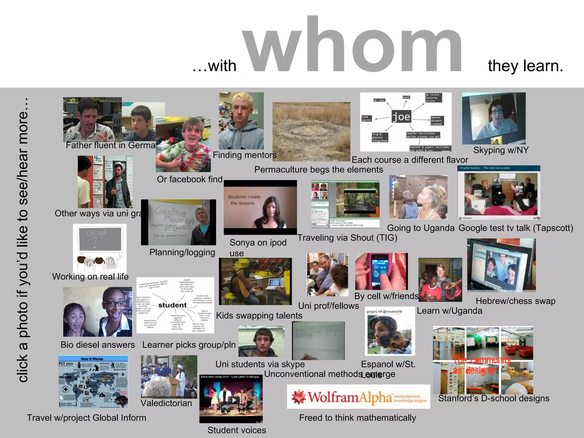 … with  whom   they learn.  Father fluent in German Sonya on ipod use Uni prof/fellows Each course a different flavor Skyping w/NY Working on real life Going to Uganda Google test tv talk (Tapscott) Learn w/Uganda Kids swapping talents Unconventional methods emerge Stanford’s D-school designs Valedictorian Hebrew/chess swap Freed to think mathematically Permaculture begs the elements Bio diesel answers Student voices Learner picks group/pln Planning/logging Traveling via Shout (TIG) Travel w/project Global Inform Finding mentors Uni students via skype Espanol w/St. Louis Or facebook find Other ways via uni grad By cell w/friends click a photo if you’d like to see/hear more… 