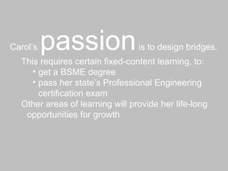 Carol’s  passion  is to design bridges. This requires certain fixed-content learning, to: get a BSME degree pass her state’s Professional Engineering certification exam Other areas of learning will provide her life-long opportunities for growth 