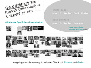 click to see Eportfolios - InnovationLab   Imagining a whole new way to validate. Check out  Shareski  and  Godin .  more on portfolios the new workplace   (ideo) 