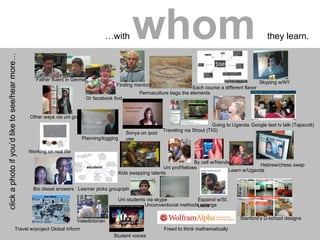 … with  whom   they learn.  Father fluent in German Sonya on ipod use Uni prof/fellows Each course a different flavor Skyping w/NY Working on real life Going to Uganda Google test tv talk (Tapscott) Learn w/Uganda Kids swapping talents Unconventional methods emerge Stanford’s D-school designs Valedictorian Hebrew/chess swap Freed to think mathematically Permaculture begs the elements Bio diesel answers Student voices Learner picks group/pln Planning/logging Traveling via Shout (TIG) Travel w/project Global Inform Finding mentors Uni students via skype Espanol w/St. Louis Or facebook find Other ways via uni grad By cell w/friends click a photo if you’d like to see/hear more… 