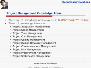 Connoisseur Solutions
Project Management Knowledge Areas
 There are 10 Knowledge Areas covered in PMBOK® Guide 5th edition
 These 10 Knowledge Areas are:
 Project Integration management
 Project Scope Management
 Project Time Management
 Project Cost Management
 Project Quality Management
 Project Human Resource Management
 Project Communications Management
 Project Risk Management
 Project Procurement Management
 Project Stakeholder Management
Pankaj Sharma, 9810996356
Pankaj Sharma - Mobile No -919810996356
 