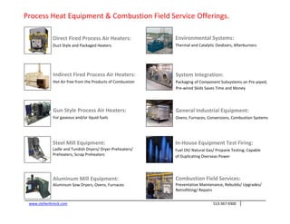 Process Heat Equipment & Combustion Field Service Offerings.

              Direct Fired Process Air Heaters:              Environmental Systems:
              Duct Style and Packaged Heaters                Thermal and Catalytic Oxidizers, Afterburners




              Indirect Fired Process Air Heaters:            System Integration:
              Hot Air free from the Products of Combustion   Packaging of Component Subsystems on Pre-piped,
                                                             Pre-wired Skids Saves Time and Money




              Gun Style Process Air Heaters:                 General Industrial Equipment:
              For gaseous and/or liquid fuels                Ovens, Furnaces, Conversions, Combustion Systems




              Steel Mill Equipment:                          In-House Equipment Test Firing:
              Ladle and Tundish Dryers/ Dryer-Preheaters/    Fuel Oil/ Natural Gas/ Propane Testing; Capable
              Preheaters, Scrap Preheaters                   of Duplicating Overseas Power




              Aluminum Mill Equipment:                       Combustion Field Services:
              Aluminum Sow Dryers, Ovens, Furnaces           Preventative Maintenance, Rebuilds/ Upgrades/
                                                             Retrofitting/ Repairs


 www.stelterbrinck.com                                                           513-367-9300
 
