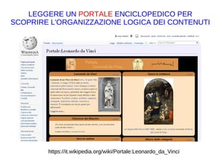 https://it.wikipedia.org/wiki/Portale:Leonardo_da_Vinci
LEGGERE UN PORTALE ENCICLOPEDICO PER
SCOPRIRE L'ORGANIZZAZIONE LOGICA DEI CONTENUTI
https://it.wikipedia.org/w/index.php?
title=Programma_Apollo&action=history
 