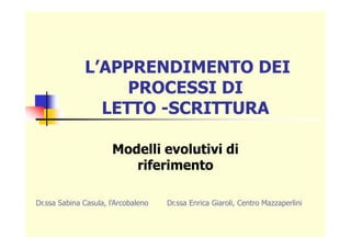 L’APPRENDIMENTO DEI
PROCESSI DI
LETTO -SCRITTURA
Modelli evolutivi di
riferimento
Dr.ssa Sabina Casula, l’Arcobaleno Dr.ss...