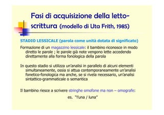 Fasi di acquisizione della lettoFasi di acquisizione della letto--
scritturascrittura (modello di(modello di UtaUta FrithF...