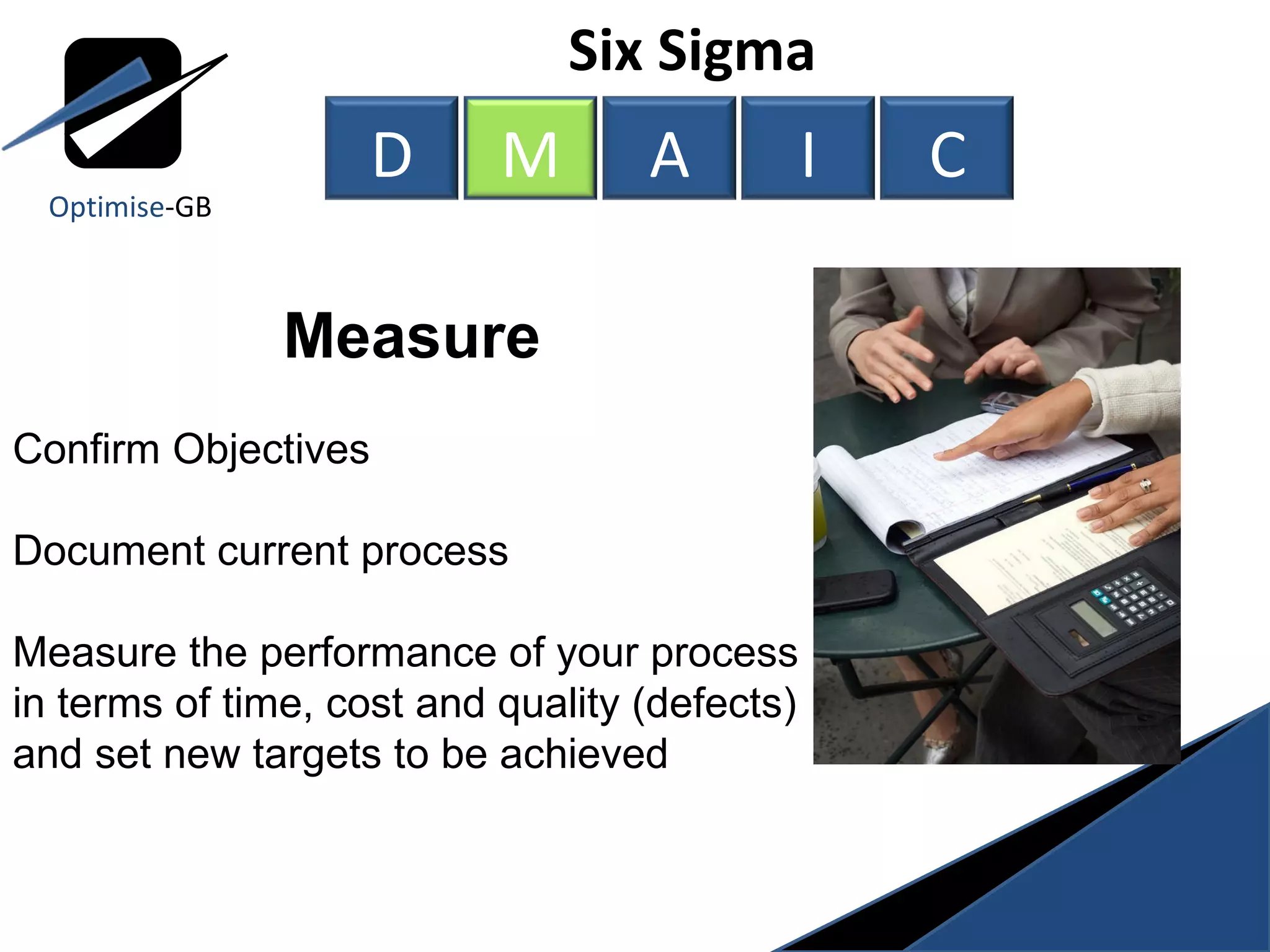 Six Sigma  Measure Confirm Objectives Document current process Measure the performance of your process in terms of time, cost and quality (defects) and set new targets to be achieved Optimise -GB D M A I C 