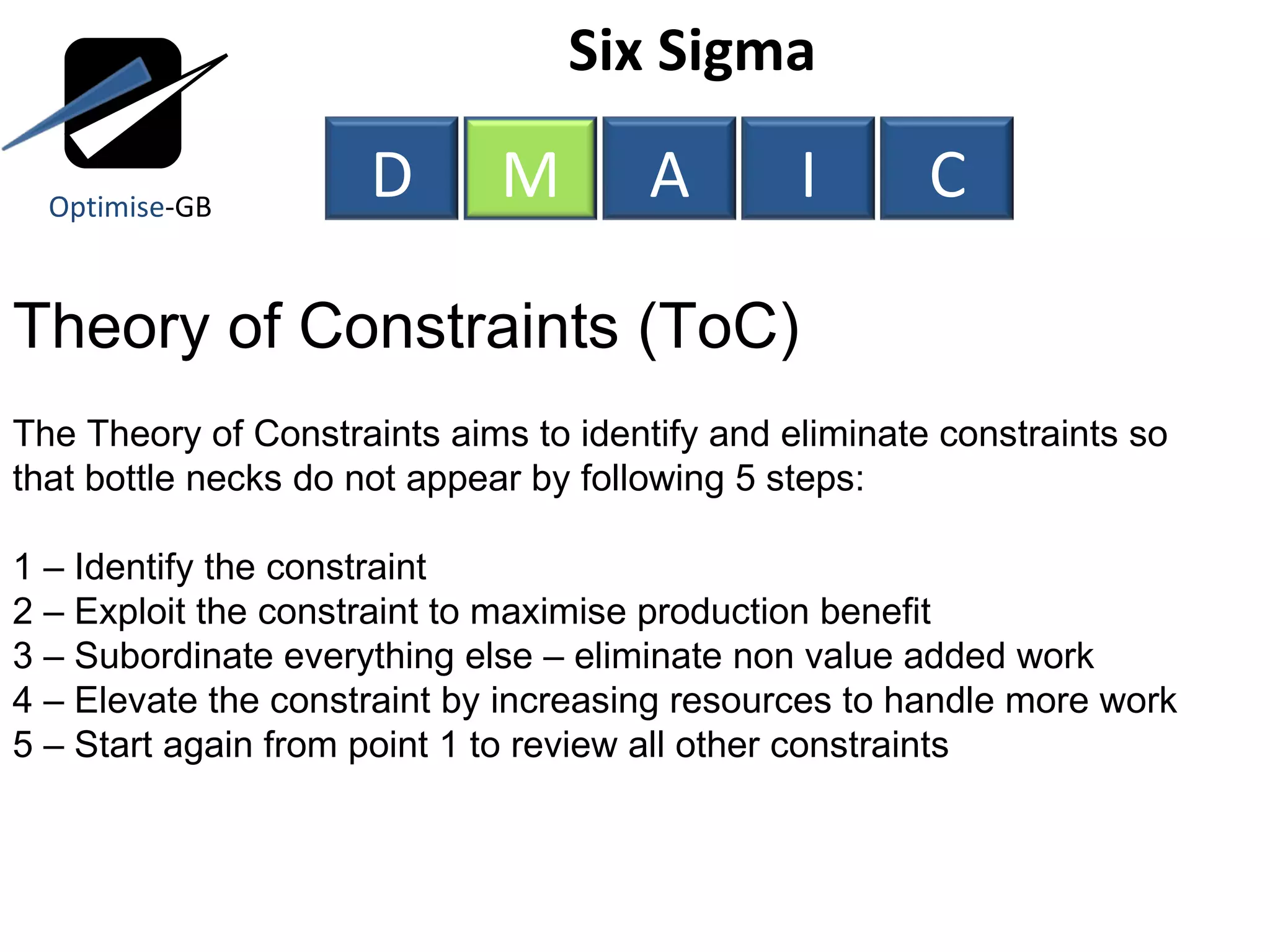 Six Sigma  Theory of Constraints (ToC) The Theory of Constraints aims to identify and eliminate constraints so that bottle necks do not appear by following 5 steps: 1 – Identify the constraint 2 – Exploit the constraint to maximise production benefit  3 – Subordinate everything else – eliminate non value added work 4 – Elevate the constraint by increasing resources to handle more work 5 – Start again from point 1 to review all other constraints Optimise -GB D M A I C 