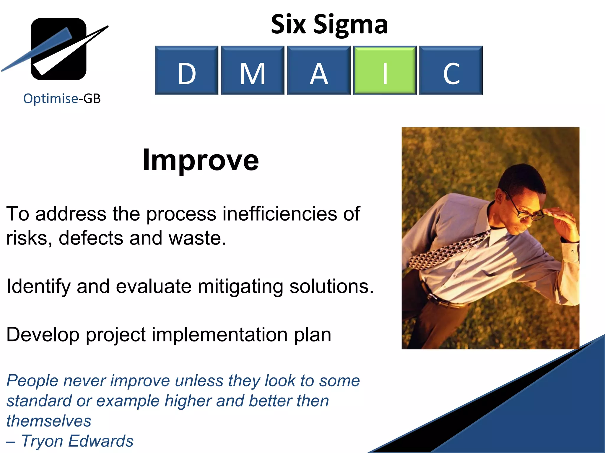Six Sigma  Improve To address the process inefficiencies of risks, defects and waste.  Identify and evaluate mitigating solutions. Develop project implementation plan People never improve unless they look to some standard or example higher and better then themselves  –  Tryon Edwards Optimise -GB D M A I C 