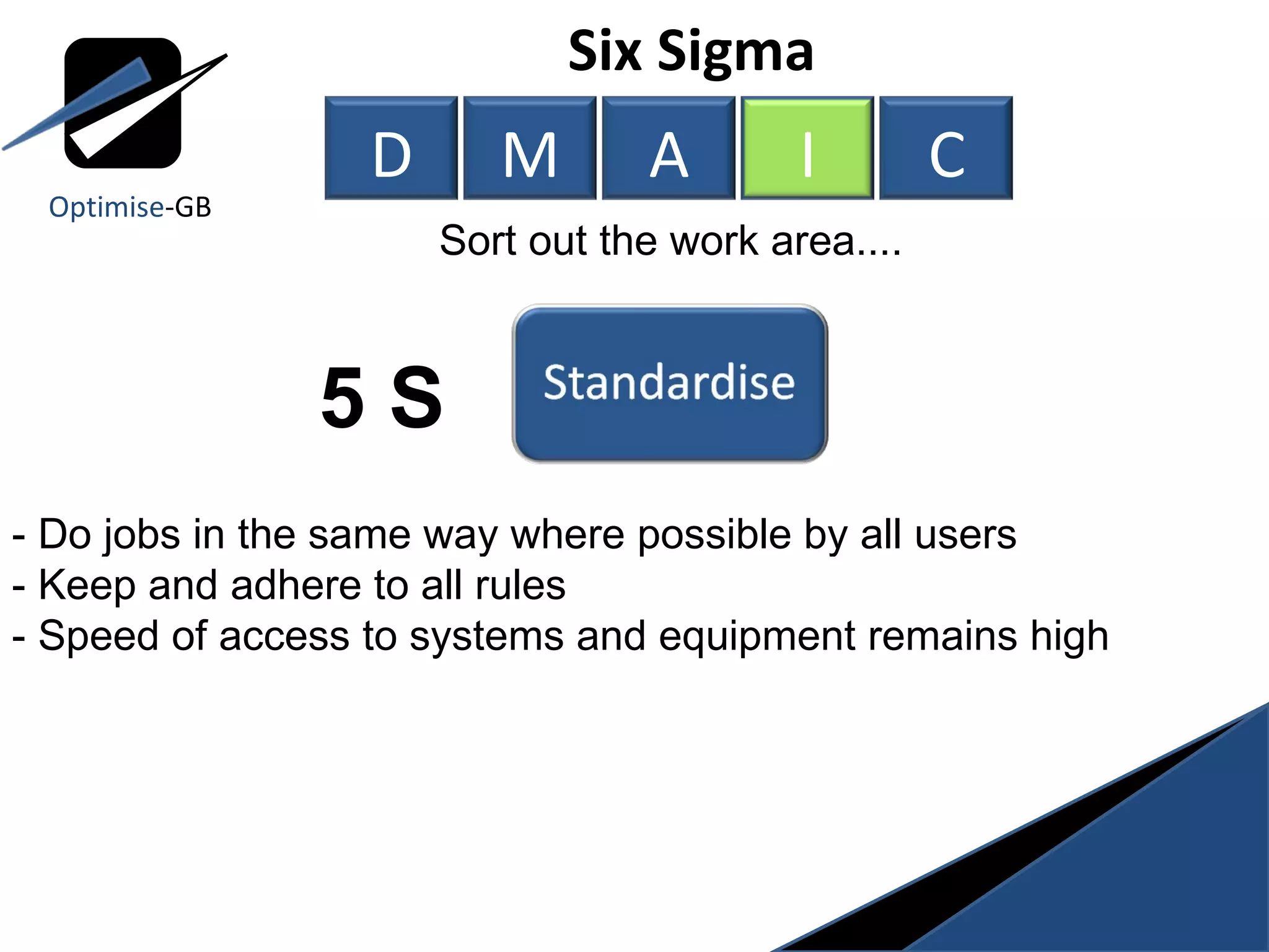 5 S Six Sigma  Sort out the work area.... - Do jobs in the same way where possible by all users - Keep and adhere to all rules - Speed of access to systems and equipment remains high Optimise -GB D M A I C 