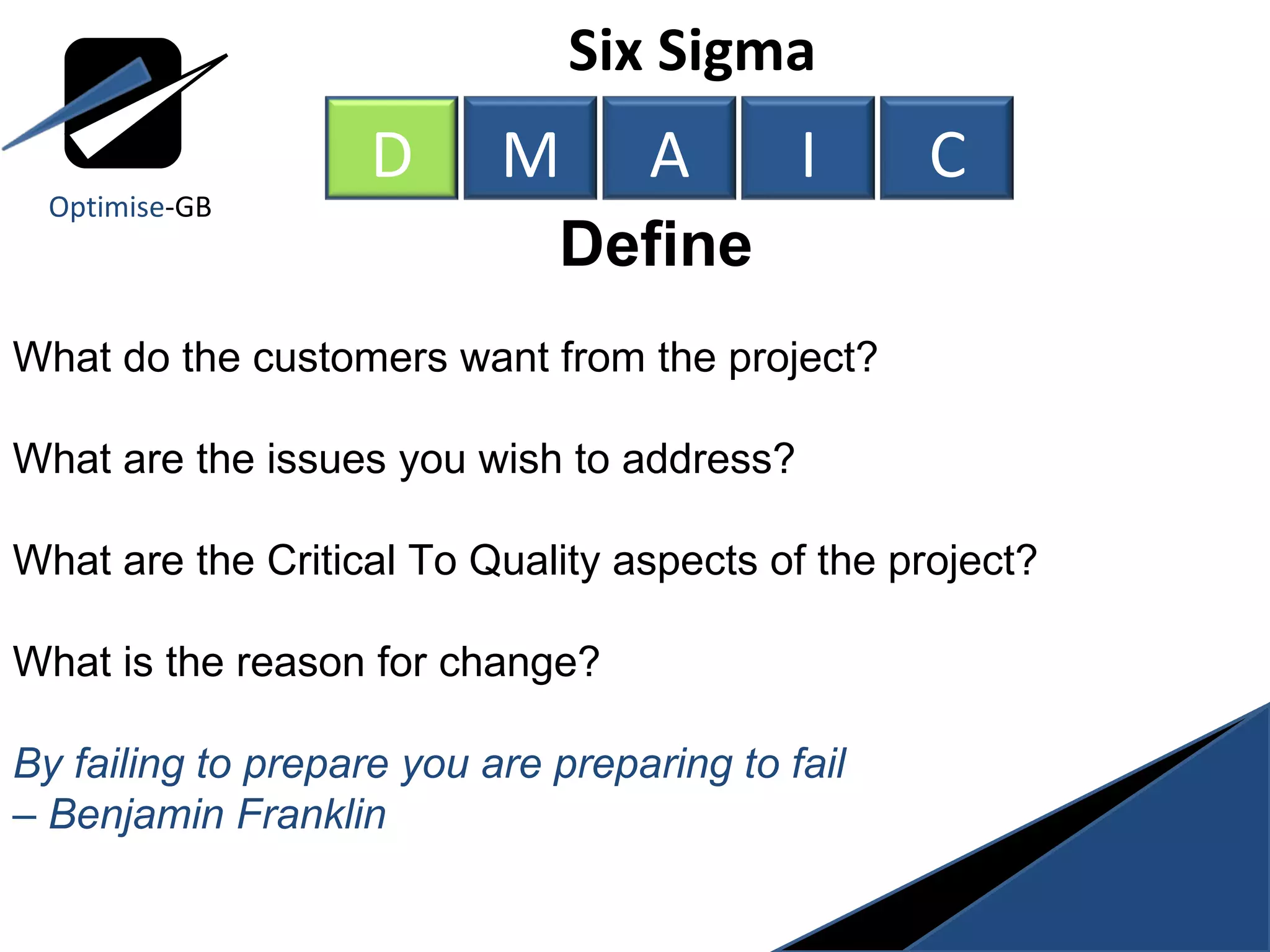 Six Sigma  Define   What do the customers want from the project?  What are the issues you wish to address? What are the Critical To Quality aspects of the project? What is the reason for change? By failing to prepare you are preparing to fail  –  Benjamin Franklin Optimise -GB D M A I C 