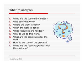 What to analyze?

     What are the customer’s needs?
     Who does the work?
     Where the work is done?
     When the work is done?
     What resources are needed?
     Why do we do this work?
     What are the constraints for the
     work?
     How do we control the process?
     What are the “contact points” with
     the customer?



Rene Alvarez, 2010
 