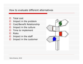 How to evaluate different alternatives


     Total cost
     Impact in the problem
     Cost/Benefit Relationship
     Impact in the culture
     Time to implement
     Risks
     Impact in the staff
     Impact in the customer




Rene Alvarez, 2010
 