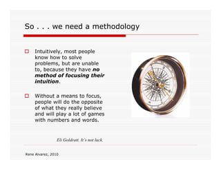 So . . . we need a methodology


     Intuitively, most people
     know how to solve
     problems, but are unable
     to, because they have no
     method of focusing their
     intuition.

     Without a means to focus,
     people will do the opposite
     of what they really believe
     and will play a lot of games
     with numbers and words.


                 Eli Goldratt. It’s not luck.


Rene Alvarez, 2010
 
