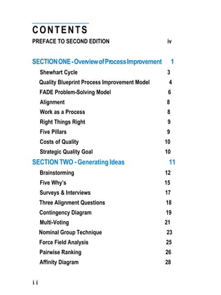 CONTENTS
PREFACE TO SECOND EDITION                           iv


SECTION ONE - Overview of Process Improvement           1
     Shewhart Cycle                                 3
     Quality Blueprint Process Improvement Model    4
     FADE Problem-Solving Model                     6
     Alignment                                     8
     Work as a Process                              8
     Right Things Right                             9
     Five Pillars                                  9
     Costs of Quality                              10
     Strategic Quality Goal                        10
SECTION TWO - Generating Ideas                      11
     Brainstorming                                 12
     Five Why’s                                    15
     Surveys & Interviews                          17
     Three Alignment Questions                     18
     Contingency Diagram                           19
     Multi-Voting                                  21
     Nominal Group Technique                       23
     Force Field Analysis                          25
     Pairwise Ranking                              26
     Affinity Diagram                              28


ii
 