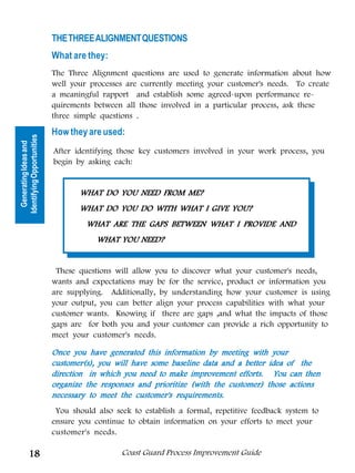 THE THREE ALIGNMENT QUESTIONS
                            What are they:
                            The Three Alignment questions are used to generate information about how
                            well your processes are currently meeting your customer's needs. To create
                            a meaningful rapport and establish some agreed-upon performance re-
                            quirements between all those involved in a particular process, ask these
                            three simple questions .

                            How they are used:
Identifying Opportunities
  Generating Ideas and




                            After identifying those key customers involved in your work process, you
                            begin by asking each:


                                   WHAT DO YOU NEED FROM ME?
                                   WHAT DO YOU DO WITH WHAT I GIVE YOU?
                                     WHAT ARE THE GAPS BETWEEN WHAT I PROVIDE AND
                                        WHAT YOU NEED?


                             These questions will allow you to discover what your customer's needs,
                            wants and expectations may be for the service, product or information you
                            are supplying. Additionally, by understanding how your customer is using
                            your output, you can better align your process capabilities with what your
                            customer wants. Knowing if there are gaps ,and what the impacts of those
                            gaps are for both you and your customer can provide a rich opportunity to
                            meet your customer's needs.

                            Once you have generated this information by meeting with your
                            customer(s), you will have some baseline data and a better idea of the
                            direction in which you need to make improvement efforts. You can then
                            organize the responses and prioritize (with the customer) those actions
                            necessary to meet the customer's requirements.
                             You should also seek to establish a formal, repetitive feedback system to
                            ensure you continue to obtain information on your efforts to meet your
                            customer's needs.

          18                                   Coast Guard Process Improvement Guide
 