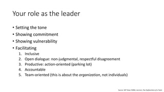 Your role as the leader
• Setting the tone
• Showing commitment
• Showing vulnerability
• Facilitating
1. Inclusive
2. Open dialogue: non-judgmental, respectful disagreement
3. Productive: action-oriented (parking lot)
4. Accountable
5. Team-oriented (this is about the organization, not individuals)
Source: MIT Sloan EMBA; Lencioni, Five Dysfunctions of a Team
 