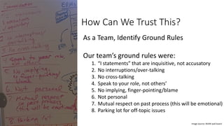 How Can We Trust This?
As a Team, Identify Ground Rules
Our team’s ground rules were:
1. “I statements” that are inquisitive, not accusatory
2. No interruptions/over-talking
3. No cross-talking
4. Speak to your role, not others’
5. No implying, finger-pointing/blame
6. Not personal
7. Mutual respect on past process (this will be emotional)
8. Parking lot for off-topic issues
Image Source: BVARI wall board
 