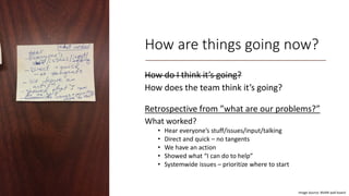 How are things going now?
How do I think it’s going?
How does the team think it’s going?
Retrospective from ”what are our problems?”
What worked?
• Hear everyone’s stuff/issues/input/talking
• Direct and quick – no tangents
• We have an action
• Showed what “I can do to help”
• Systemwide issues – prioritize where to start
Image Source: BVARI wall board
 