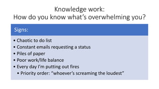 Knowledge work:
How do you know what’s overwhelming you?
Signs:
• Chaotic to do list
• Constant emails requesting a status
• Piles of paper
• Poor work/life balance
• Every day I’m putting out fires
• Priority order: “whoever’s screaming the loudest”
 