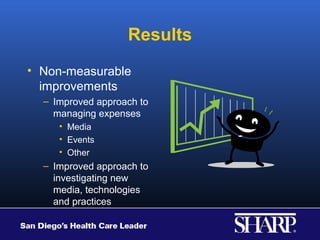 Results
• Non-measurable
  improvements
  – Improved approach to
    managing expenses
     • Media
     • Events
     • Other
  – Improved approach to
    investigating new
    media, technologies
    and practices
 