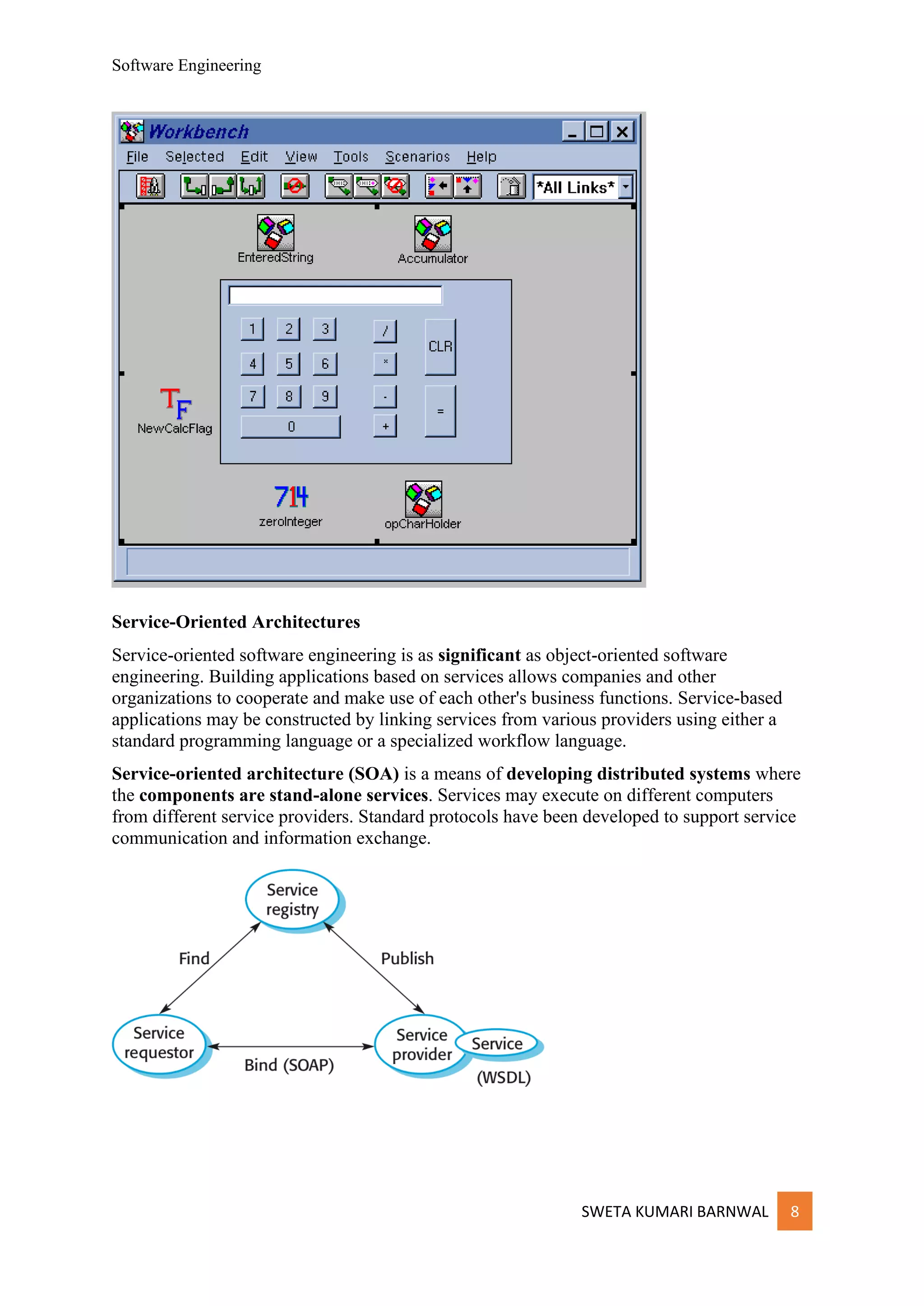 Software Engineering
SWETA KUMARI BARNWAL 8
Service-Oriented Architectures
Service-oriented software engineering is as significant as object-oriented software
engineering. Building applications based on services allows companies and other
organizations to cooperate and make use of each other's business functions. Service-based
applications may be constructed by linking services from various providers using either a
standard programming language or a specialized workflow language.
Service-oriented architecture (SOA) is a means of developing distributed systems where
the components are stand-alone services. Services may execute on different computers
from different service providers. Standard protocols have been developed to support service
communication and information exchange.
 